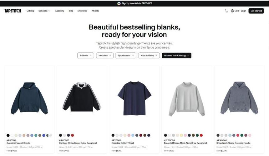 Tapstitch homepage product copy: “Beautiful bestselling blanks, ready for your vision.”